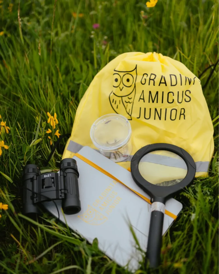 Șapcă Amicus Junior, binoclu și lupă așezate în iarbă, pentru activitățile de explorare