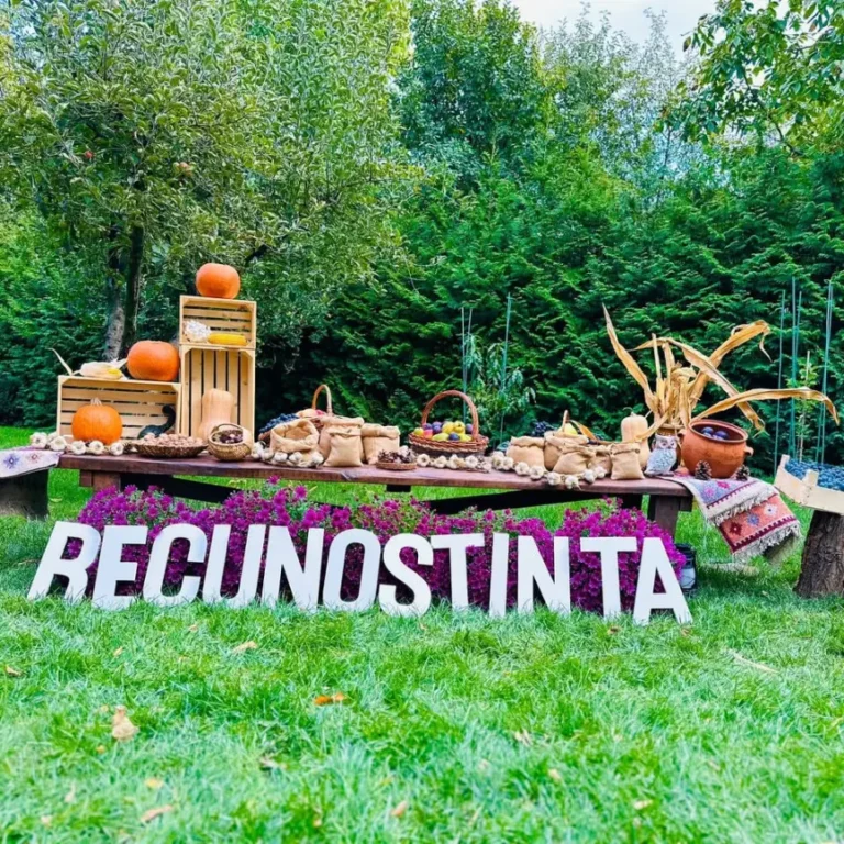 Masă amenajată în curte pentru Ziua Recunoștinței, cu dovleci, coșuri și litere decorative, la Grădinița Amicus Junior din Iași